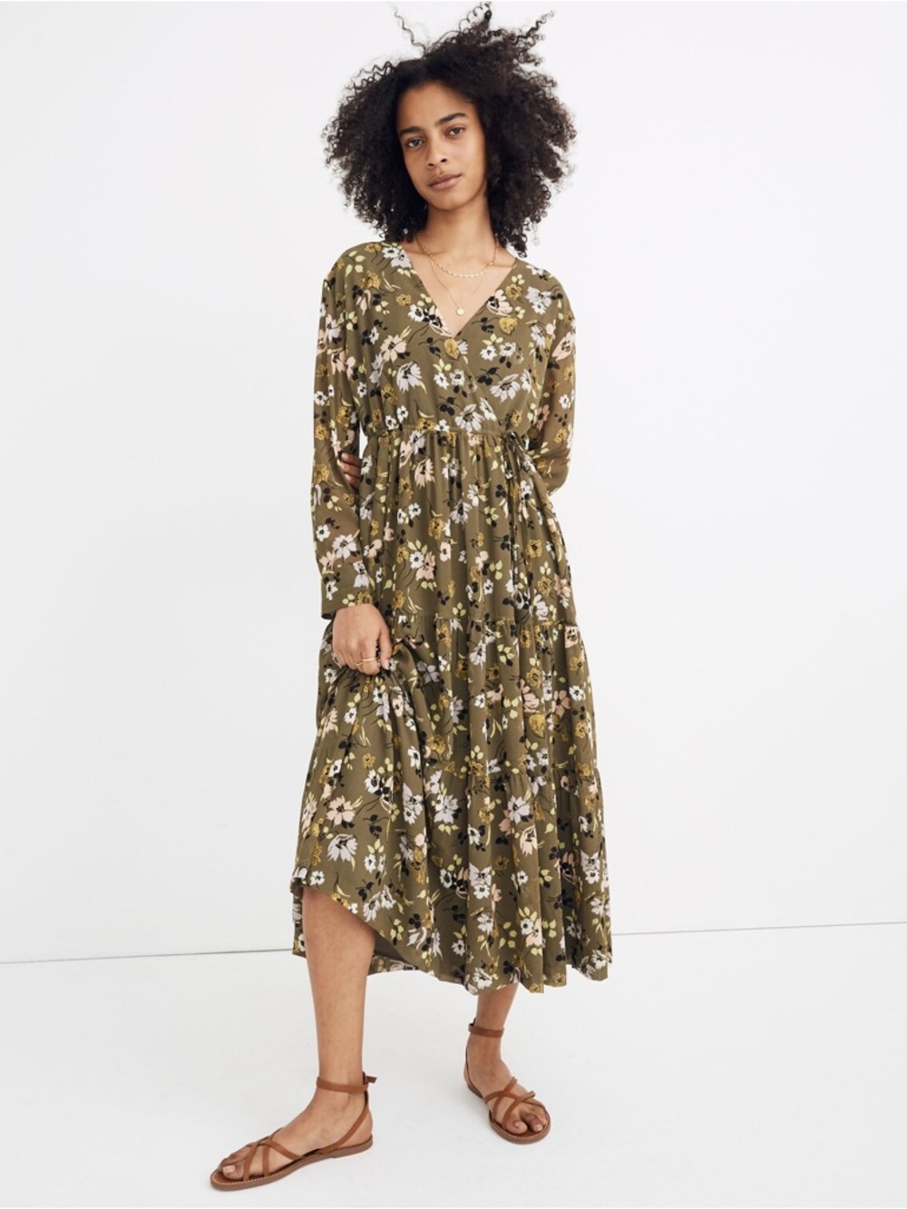 Madewell Olive Floral Tiered Midi Dress Long Sleeve Boho drawstring oversized L